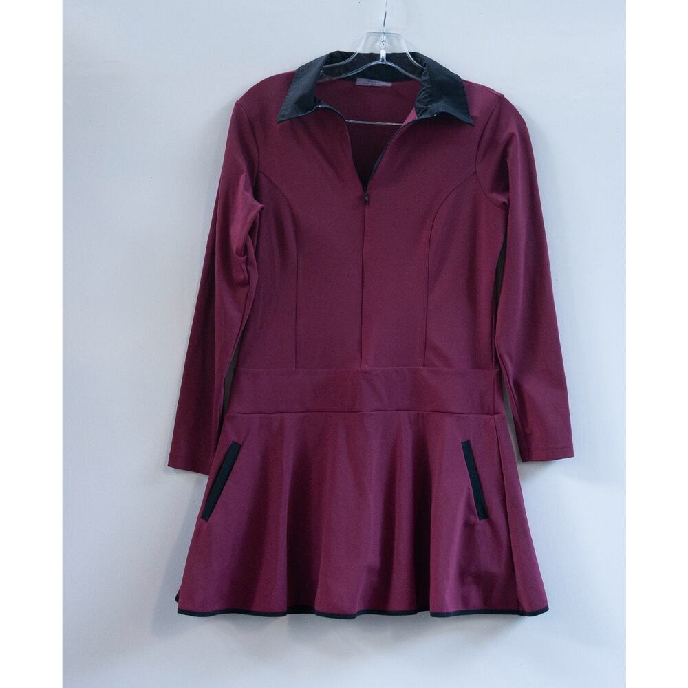 Olaya Sport Maroon Black Trim Long Sleeve Zip Front Golf Tennis Dress Size XL